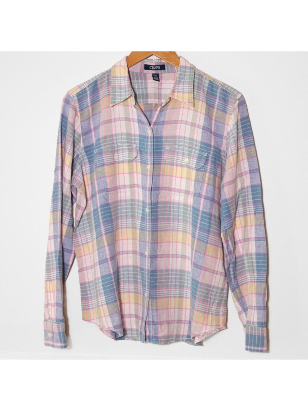 Chaps Denim Linen Blend Button Up Shirt Blue Pastel Size L